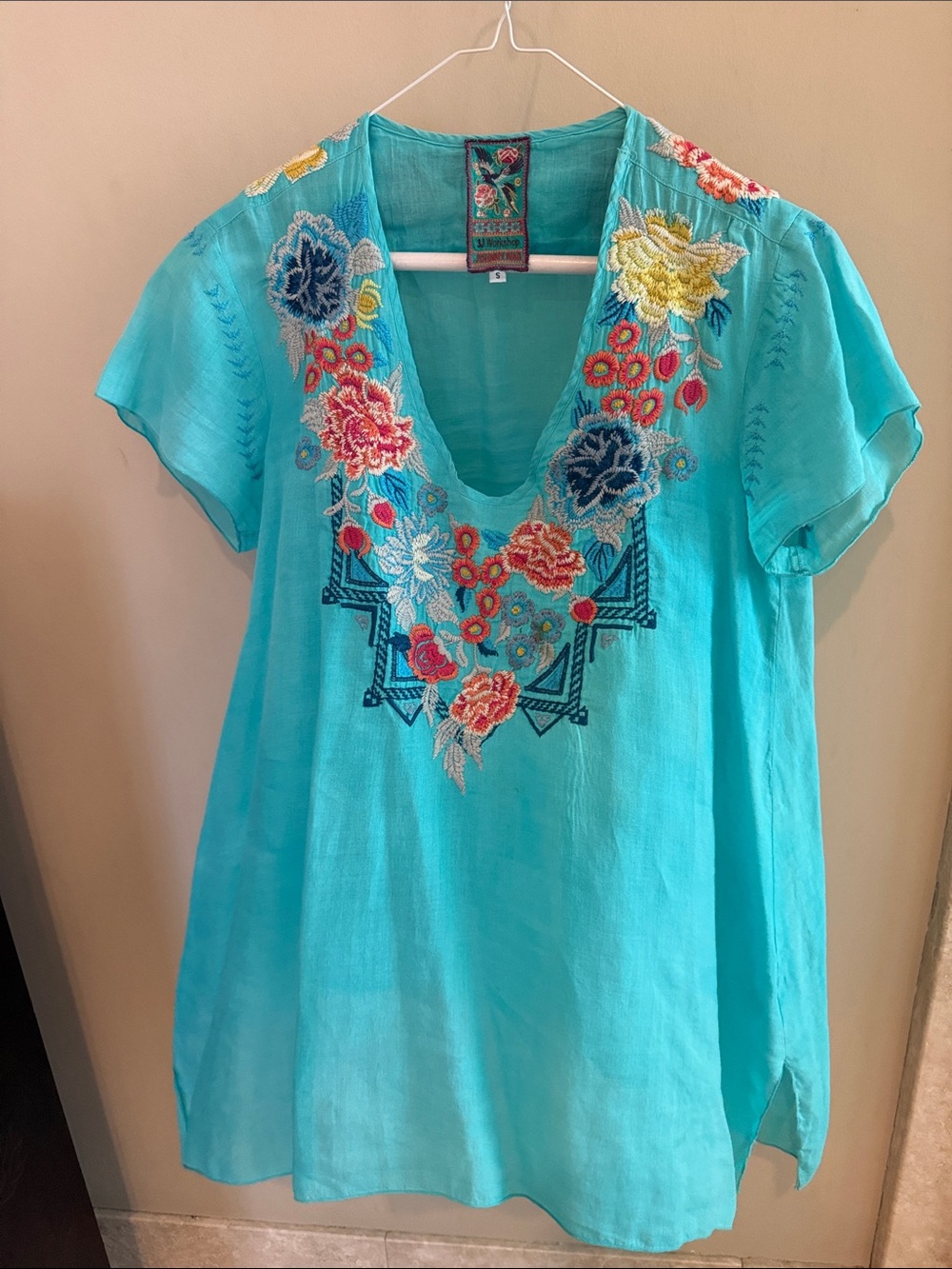 JOHNNY WAS Embroidered Turquoise V-Neck - handkerchief style hem-Women's Top